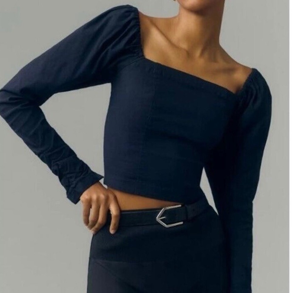 MAEVE Wynne Smocked Cottagecore Square Neck Puff Sleeve Crop Top Navy Blue Large